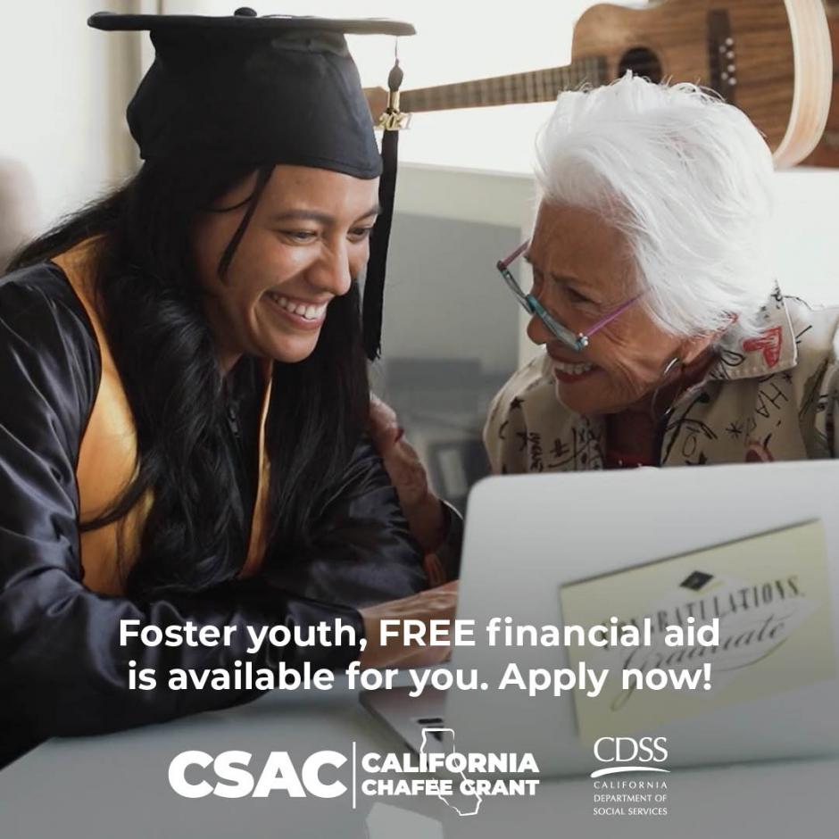 Foster Youth young girl a graduate in cap and gown with a grandparent