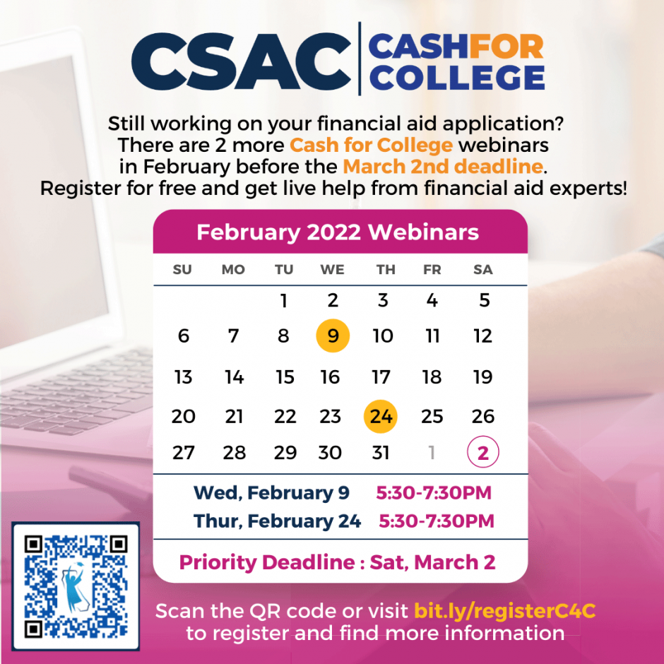 February 9, 2022  Cash for College Webinar  Calendar