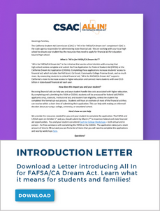 ALL IN FOR FAFSA/CA DREAM ACT Introduction Letter